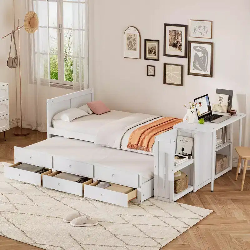 Whisen Twin Size Multifunctional Wood Platform Bed with Desk and Storage Shelf, Built-in Trundle and 3 Drawers
