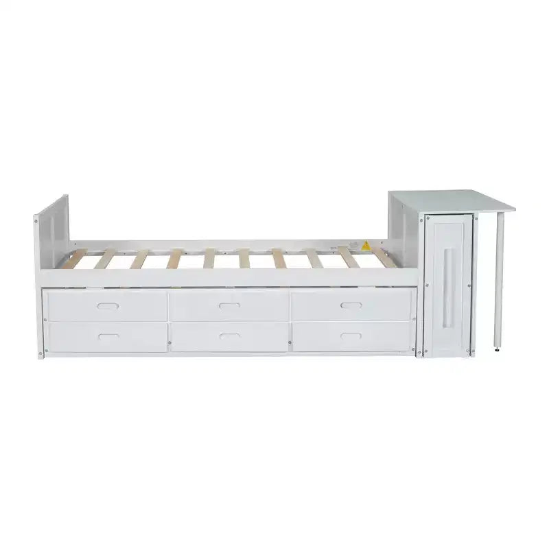 Whisen Twin Size Multifunctional Wood Platform Bed with Desk and Storage Shelf, Built-in Trundle and 3 Drawers