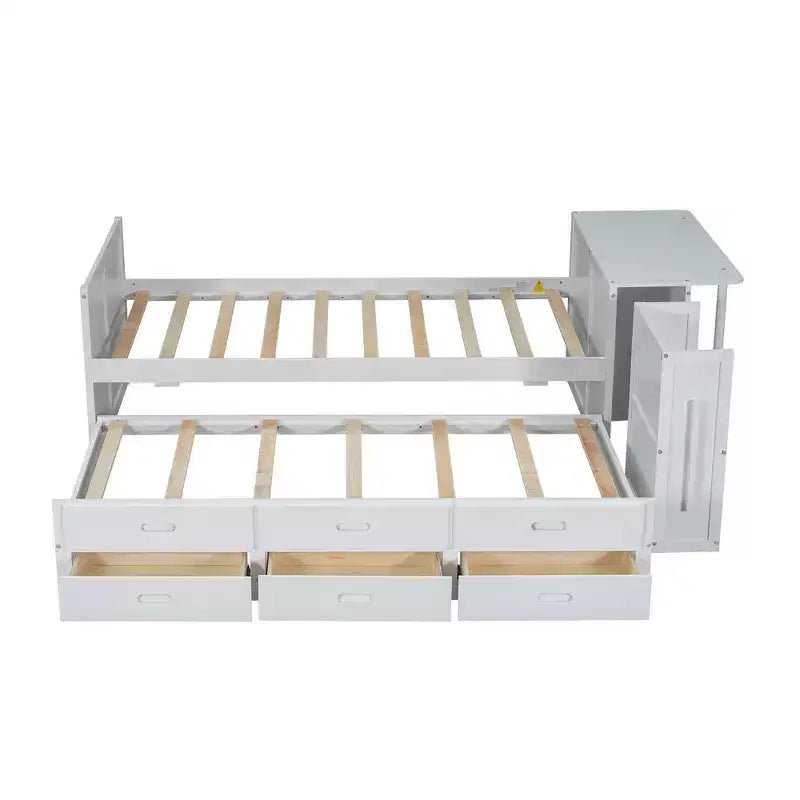 Whisen Twin Size Multifunctional Wood Platform Bed with Desk and Storage Shelf, Built-in Trundle and 3 Drawers