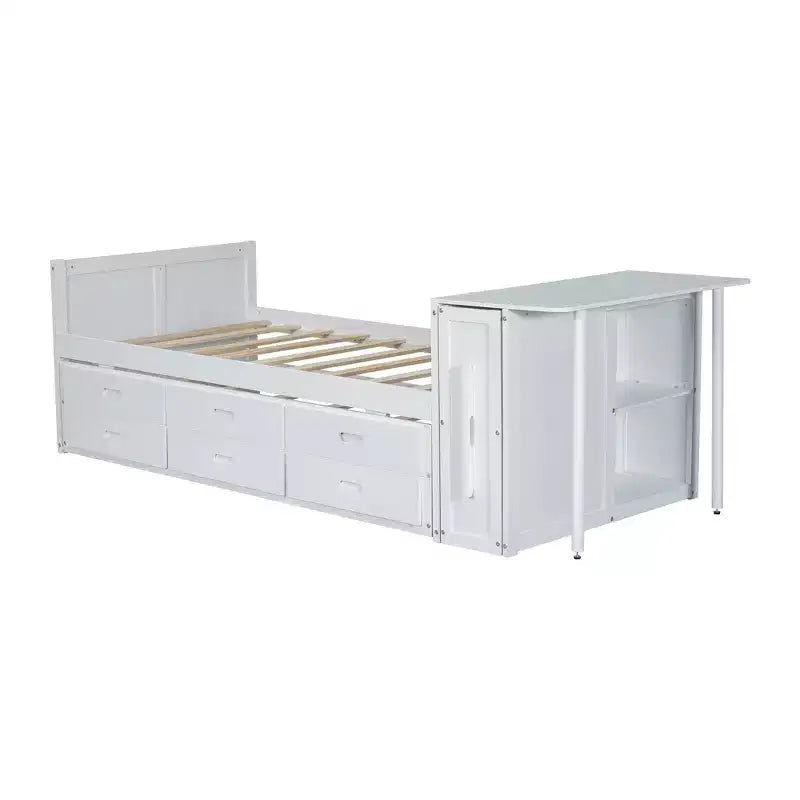 Whisen Twin Size Multifunctional Wood Platform Bed with Desk and Storage Shelf, Built-in Trundle and 3 Drawers