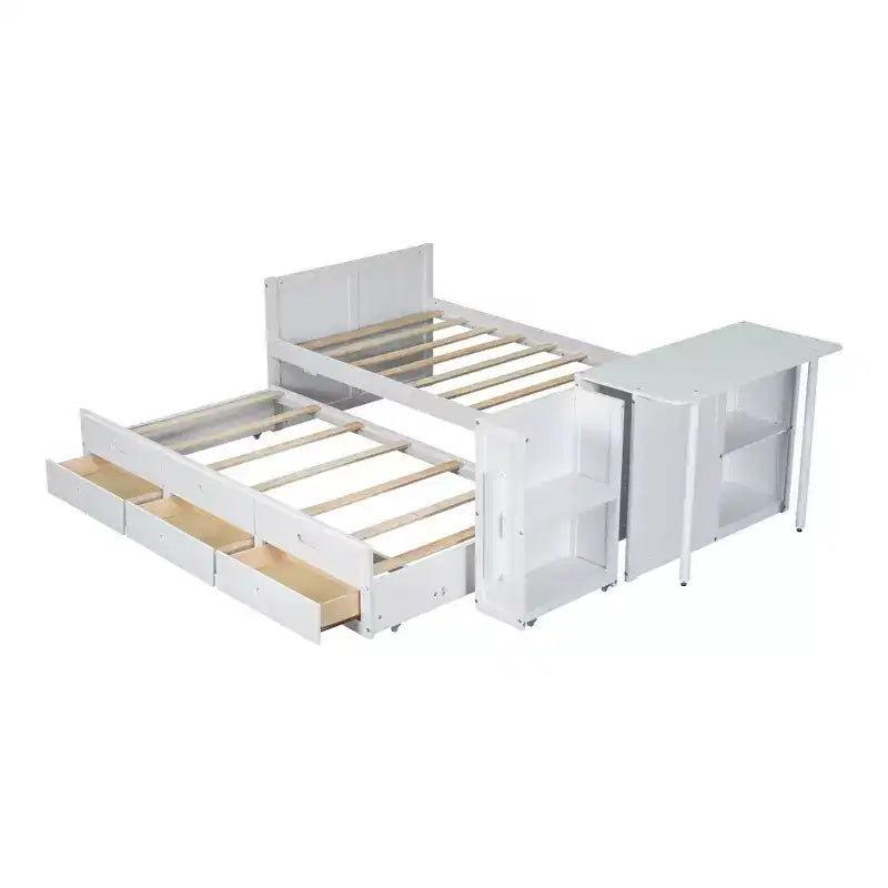 Whisen Twin Size Multifunctional Wood Platform Bed with Desk and Storage Shelf, Built-in Trundle and 3 Drawers