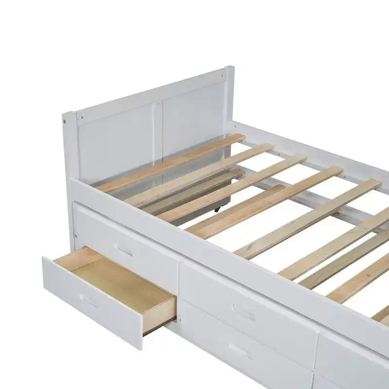 Whisen Twin Size Multifunctional Wood Platform Bed with Desk and Storage Shelf, Built-in Trundle and 3 Drawers