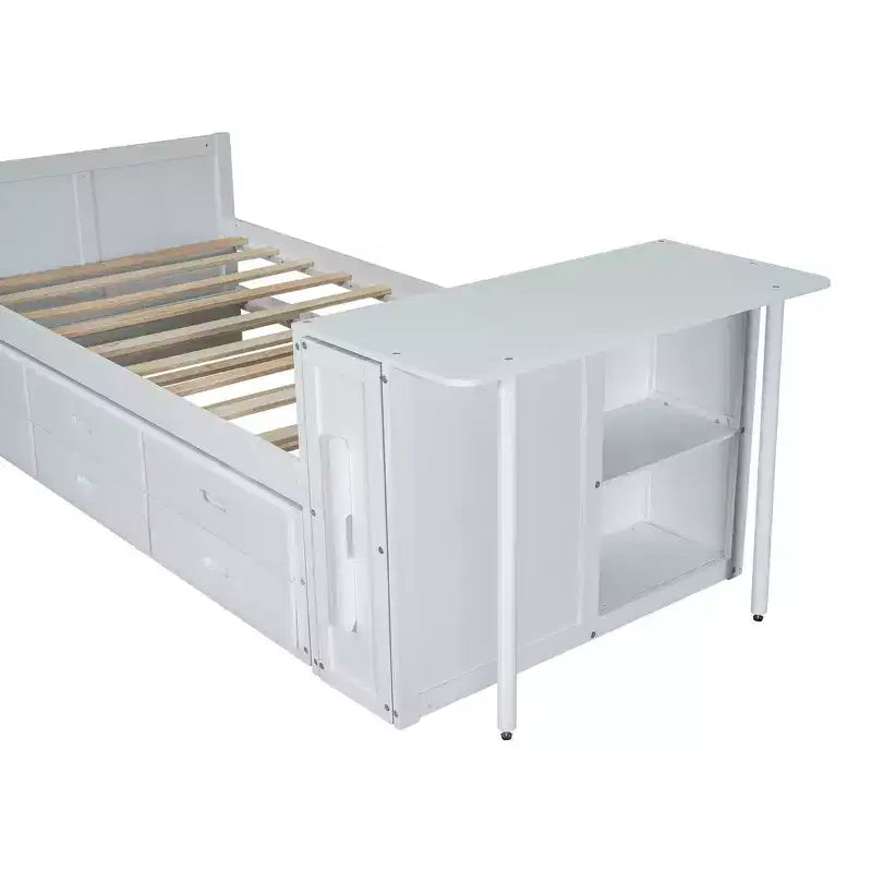 Whisen Twin Size Multifunctional Wood Platform Bed with Desk and Storage Shelf, Built-in Trundle and 3 Drawers