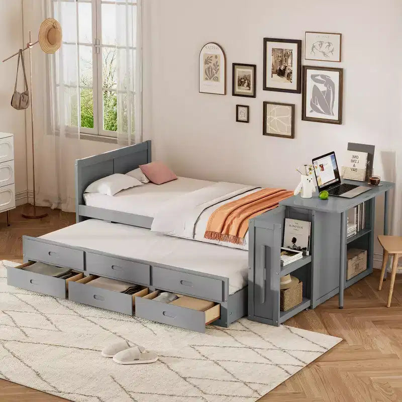 Whisen Twin Size Multifunctional Wood Platform Bed with Desk and Storage Shelf, Built-in Trundle and 3 Drawers