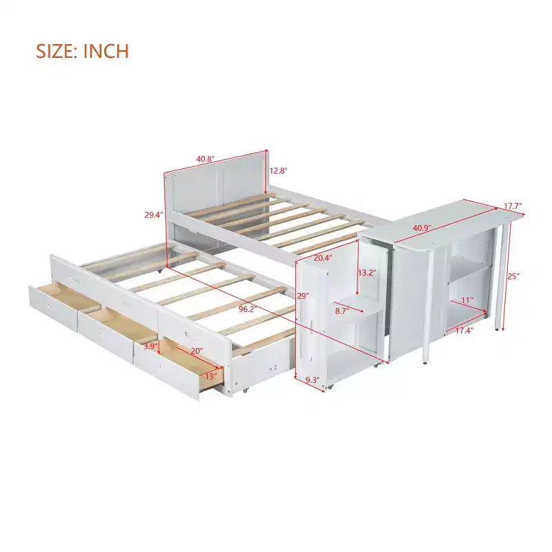 Whisen Twin Size Multifunctional Wood Platform Bed with Desk and Storage Shelf, Built-in Trundle and 3 Drawers