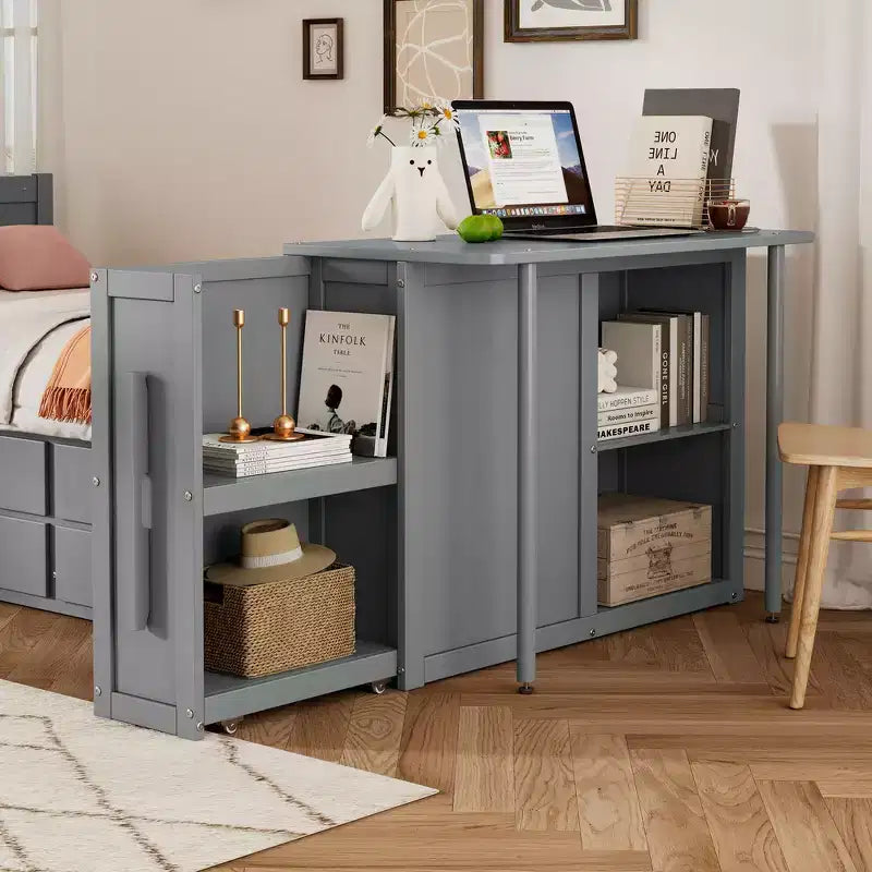 Whisen Twin Size Multifunctional Wood Platform Bed with Desk and Storage Shelf, Built-in Trundle and 3 Drawers