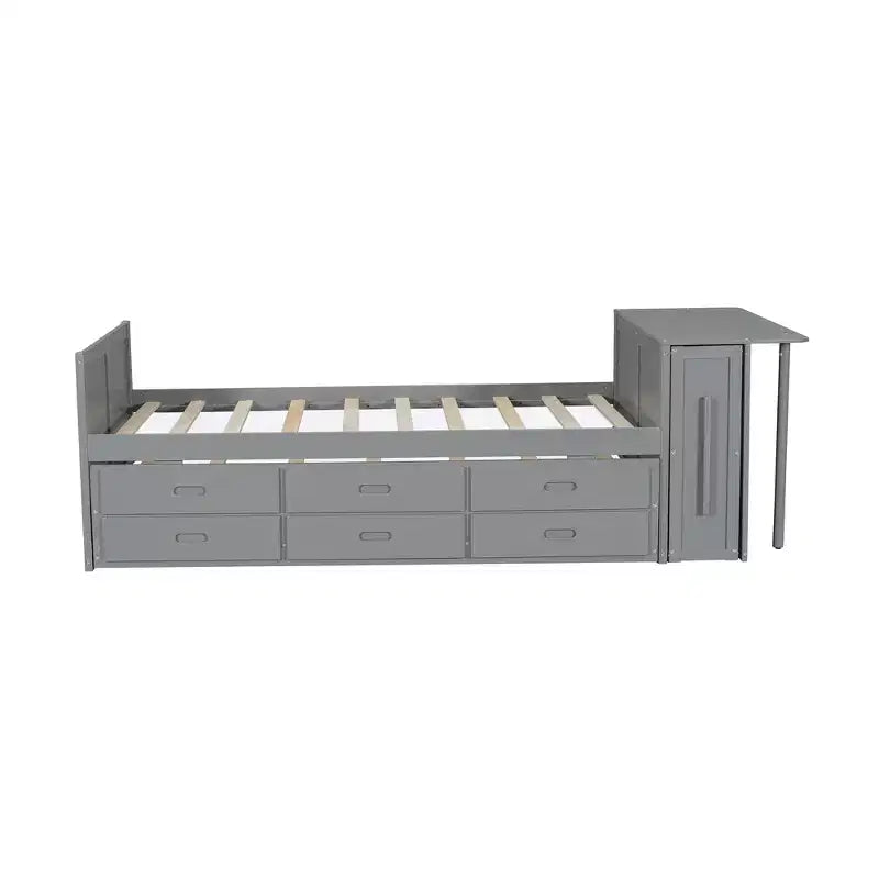 Whisen Twin Size Multifunctional Wood Platform Bed with Desk and Storage Shelf, Built-in Trundle and 3 Drawers