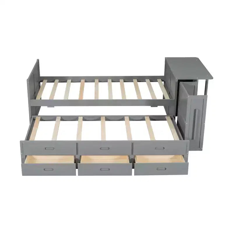 Whisen Twin Size Multifunctional Wood Platform Bed with Desk and Storage Shelf, Built-in Trundle and 3 Drawers