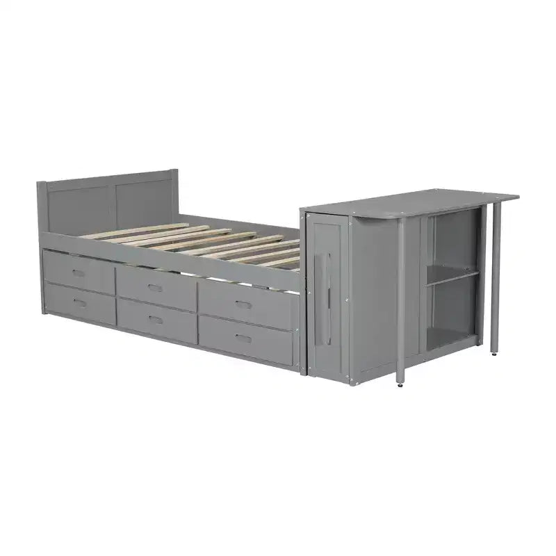 Whisen Twin Size Multifunctional Wood Platform Bed with Desk and Storage Shelf, Built-in Trundle and 3 Drawers