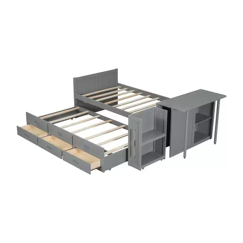 Whisen Twin Size Multifunctional Wood Platform Bed with Desk and Storage Shelf, Built-in Trundle and 3 Drawers