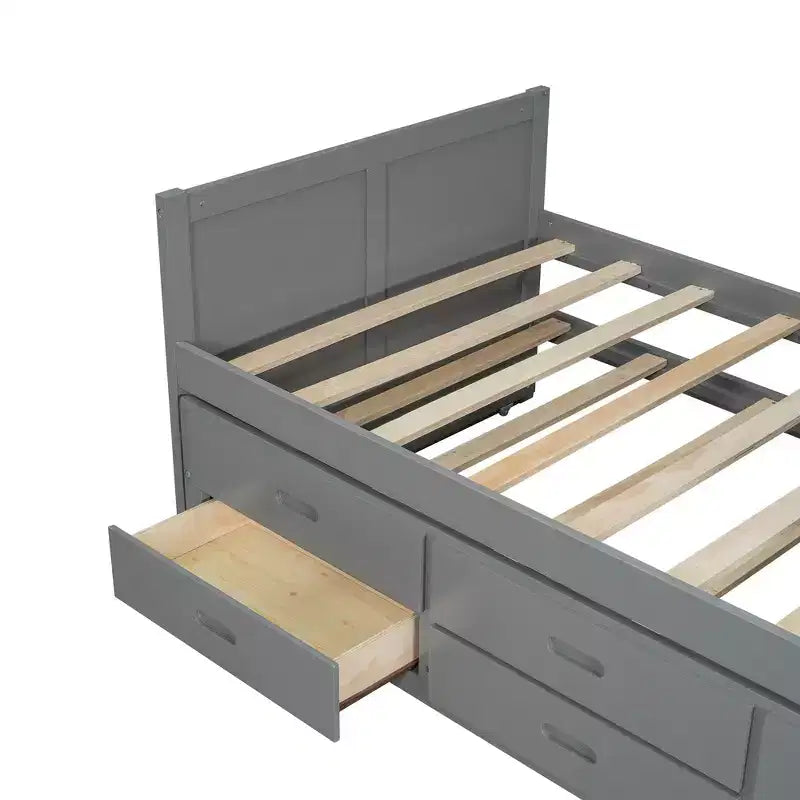 Whisen Twin Size Multifunctional Wood Platform Bed with Desk and Storage Shelf, Built-in Trundle and 3 Drawers
