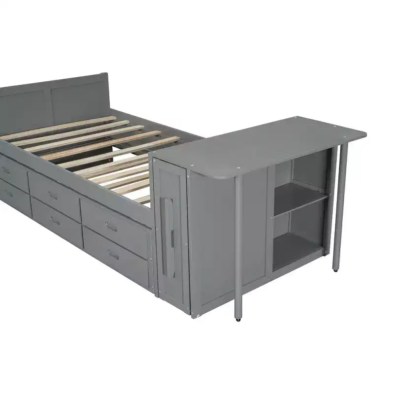 Whisen Twin Size Multifunctional Wood Platform Bed with Desk and Storage Shelf, Built-in Trundle and 3 Drawers