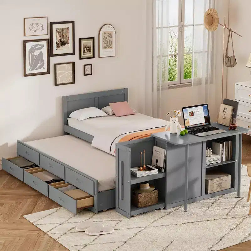 Whisen Twin Size Multifunctional Wood Platform Bed with Desk and Storage Shelf, Built-in Trundle and 3 Drawers