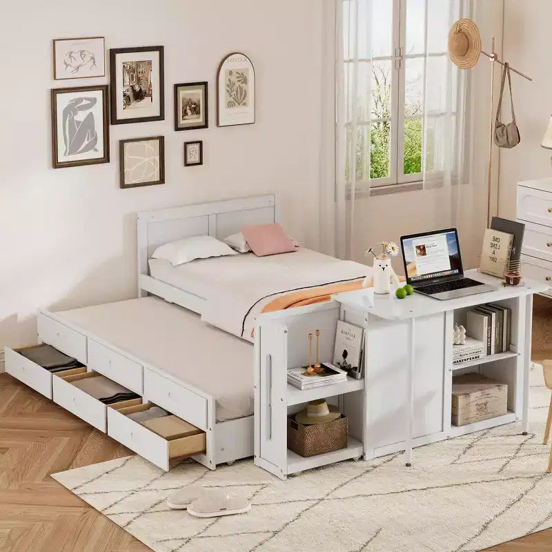 Whisen Twin Size Multifunctional Wood Platform Bed with Desk and Storage Shelf, Built-in Trundle and 3 Drawers