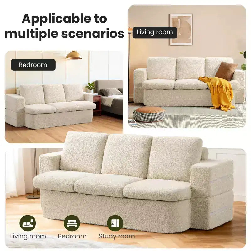 KERDOM 3 Seater Folding Sofa Bed, Memory Foam Sofa Couch With Pillows, High Density Foam Mattress for Living Room, Beige