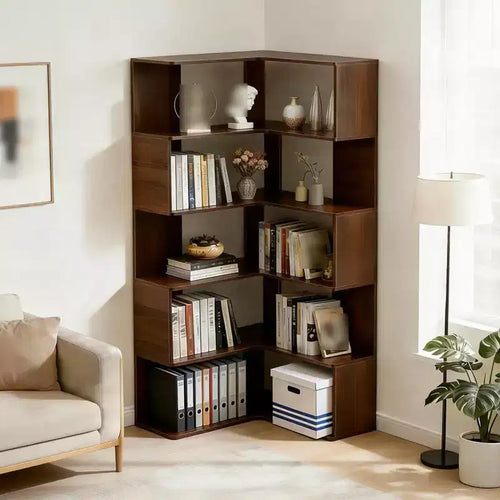 6 Tier Corner Bookshelf, 66H L-Shaped Display Corner Bookcase with Baffle, Wooden Freestanding Open Bookshelf for Home Office, Living Room, Bedroom