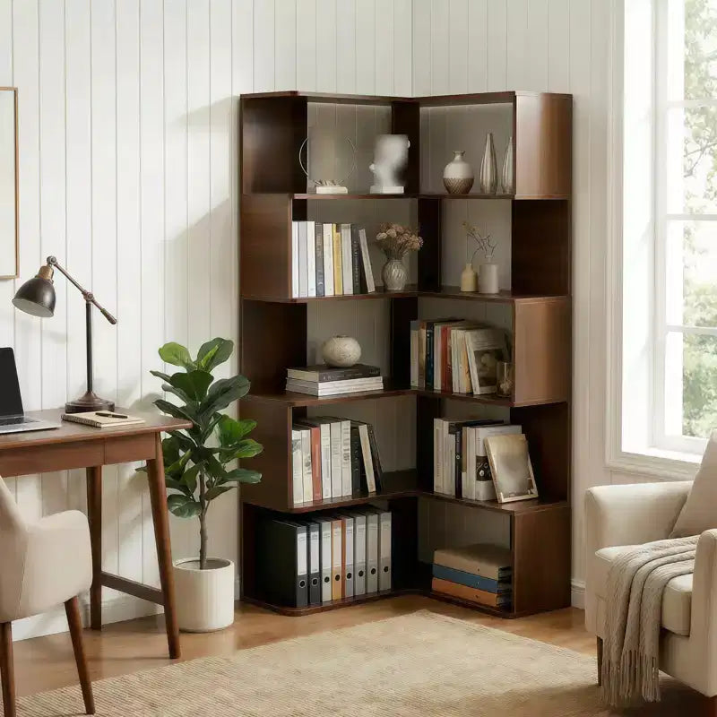 6 Tier Corner Bookshelf, 66H L-Shaped Display Corner Bookcase with Baffle, Wooden Freestanding Open Bookshelf for Home Office, Living Room, Bedroom