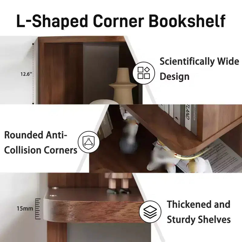 6 Tier Corner Bookshelf, 66H L-Shaped Display Corner Bookcase with Baffle, Wooden Freestanding Open Bookshelf for Home Office, Living Room, Bedroom