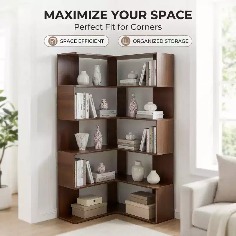 6 Tier Corner Bookshelf, 66H L-Shaped Display Corner Bookcase with Baffle, Wooden Freestanding Open Bookshelf for Home Office, Living Room, Bedroom