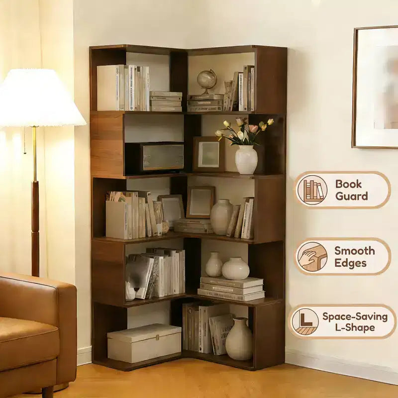 6 Tier Corner Bookshelf, 66H L-Shaped Display Corner Bookcase with Baffle, Wooden Freestanding Open Bookshelf for Home Office, Living Room, Bedroom