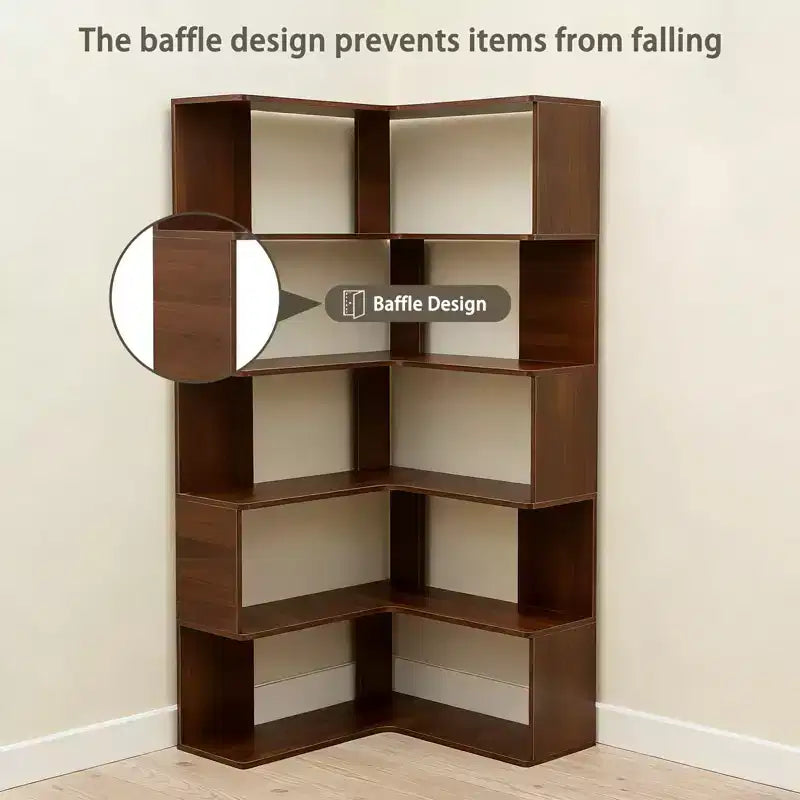6 Tier Corner Bookshelf, 66H L-Shaped Display Corner Bookcase with Baffle, Wooden Freestanding Open Bookshelf for Home Office, Living Room, Bedroom