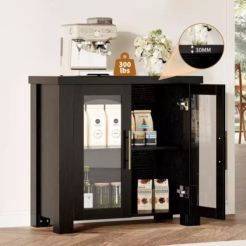 Buffet Cabinet with Storage, 59 Sideboard Credenza with Tempered Glass Doors, Wood Buffet Table for Living Room, Dining Room, Kitchen