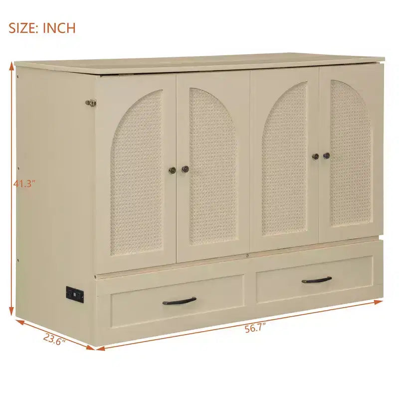 Luxystar Full Size Murphy Bed With Rattan Finish and Large Drawers