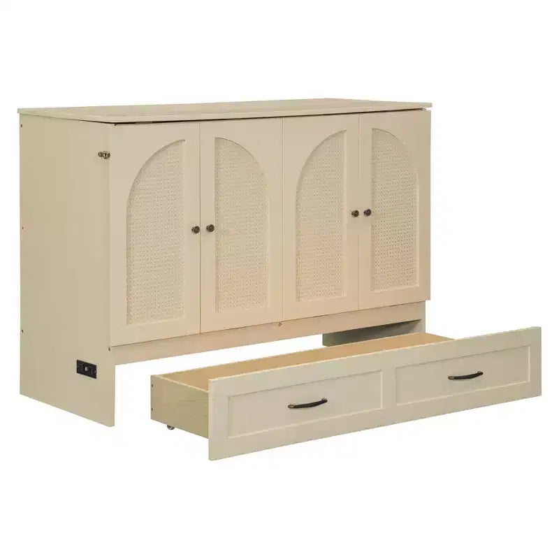Luxystar Full Size Murphy Bed With Rattan Finish and Large Drawers