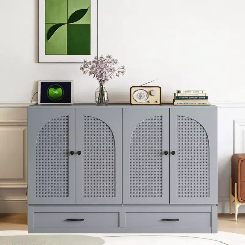 Luxystar Full Size Murphy Bed With Rattan Finish and Large Drawers