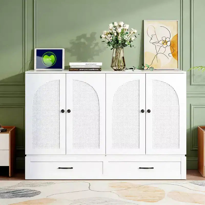 Luxystar Full Size Murphy Bed With Rattan Finish and Large Drawers