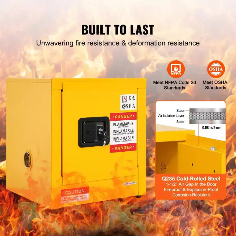 VEVOR Flammable Safety Cabinet, 11 Gal, Cold-Rolled Steel Flammable Liquid Storage Cabinet, 16.9 x 16.9 x 18.2 in Explosion Proof, Yellow