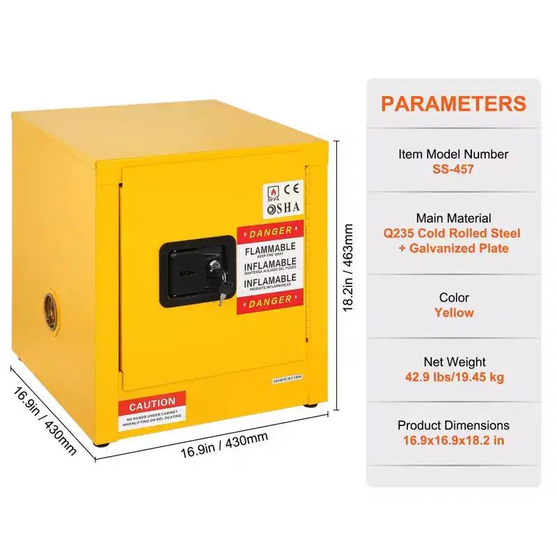 VEVOR Flammable Safety Cabinet, 11 Gal, Cold-Rolled Steel Flammable Liquid Storage Cabinet, 16.9 x 16.9 x 18.2 in Explosion Proof, Yellow