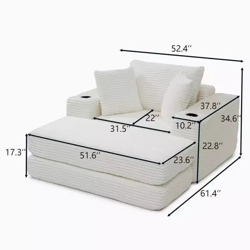 52 Boneless Chaise Lounge, Cloud-Style Single Sofa, 3-in-1 Corduroy Sleeper Sofa for Small Apartments, Living Room, or Bedroom-Panipeachy