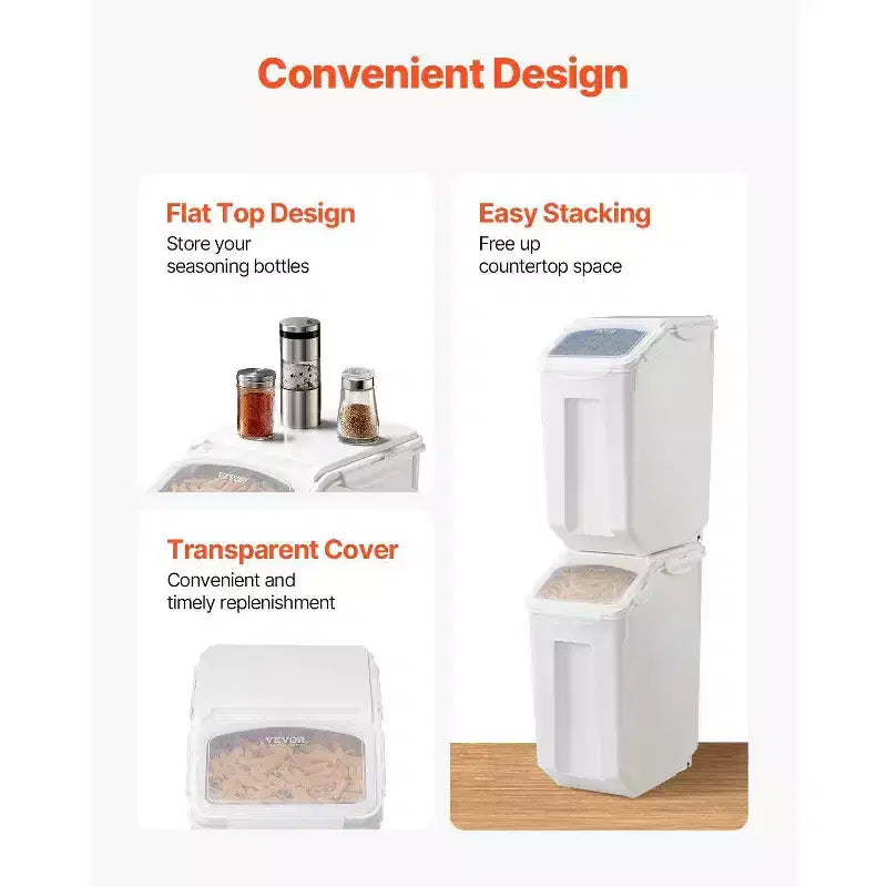 VIYET 4.5Gal/20L 1Pack Airtight Food Storage Container, Wheels & Measuring Cup for Rice Pet Food Grain Flour,white