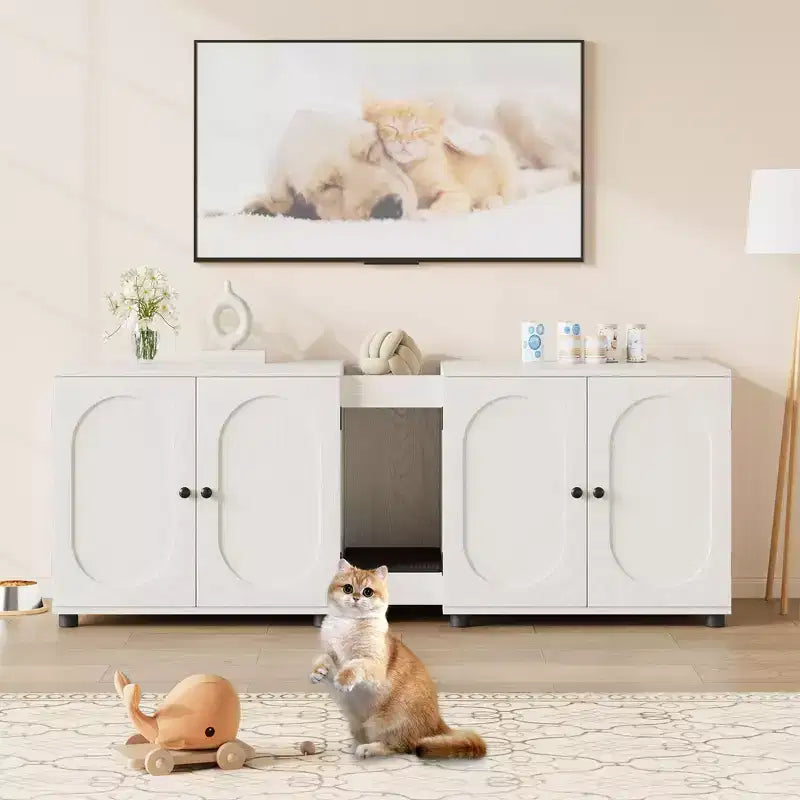 Double Cat Litter Box Enclosure, 55.1 Large Hidden Litter Box Furniture, Wooden Pet House Side Table with Scratching Pad for Living Room