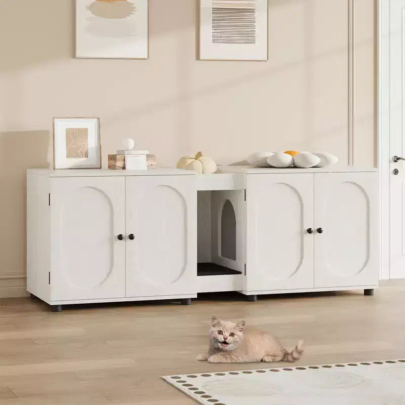 Double Cat Litter Box Enclosure, 55.1 Large Hidden Litter Box Furniture, Wooden Pet House Side Table with Scratching Pad for Living Room
