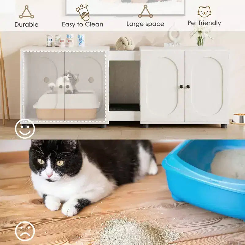 Double Cat Litter Box Enclosure, 55.1 Large Hidden Litter Box Furniture, Wooden Pet House Side Table with Scratching Pad for Living Room