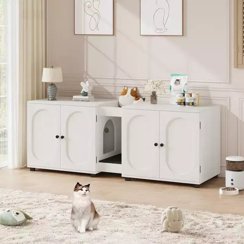 Double Cat Litter Box Enclosure, 55.1 Large Hidden Litter Box Furniture, Wooden Pet House Side Table with Scratching Pad for Living Room