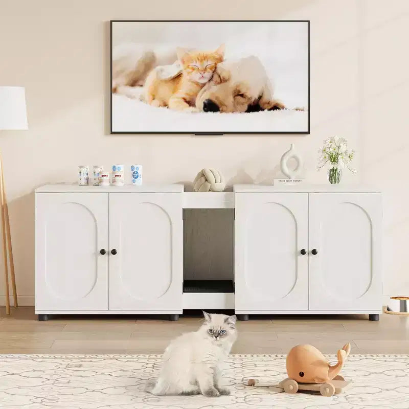 Double Cat Litter Box Enclosure, 55.1 Large Hidden Litter Box Furniture, Wooden Pet House Side Table with Scratching Pad for Living Room