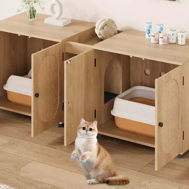 Double Cat Litter Box Enclosure, 55.1 Large Hidden Litter Box Furniture, Wooden Pet House Side Table with Scratching Pad for Living Room