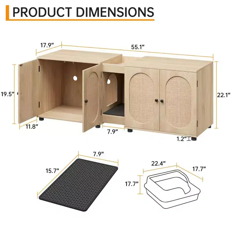 Double Cat Litter Box Enclosure, 55.1 Large Hidden Litter Box Furniture, Wooden Pet House Side Table with Scratching Pad for Living Room