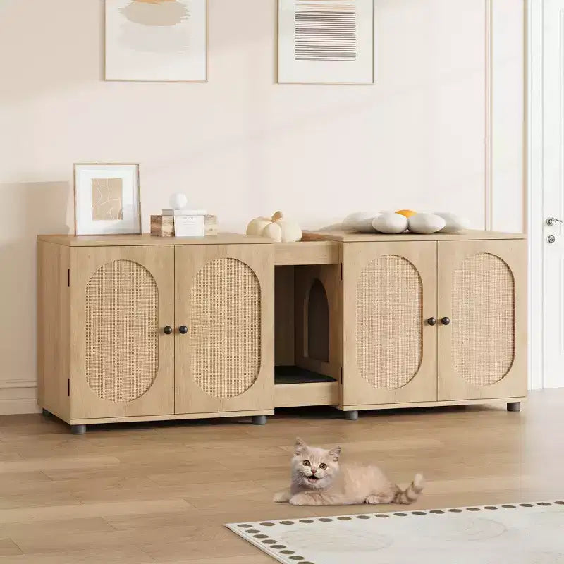 Double Cat Litter Box Enclosure, 55.1 Large Hidden Litter Box Furniture, Wooden Pet House Side Table with Scratching Pad for Living Room