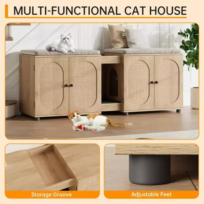 Double Cat Litter Box Enclosure, 55.1 Large Hidden Litter Box Furniture, Wooden Pet House Side Table with Scratching Pad for Living Room