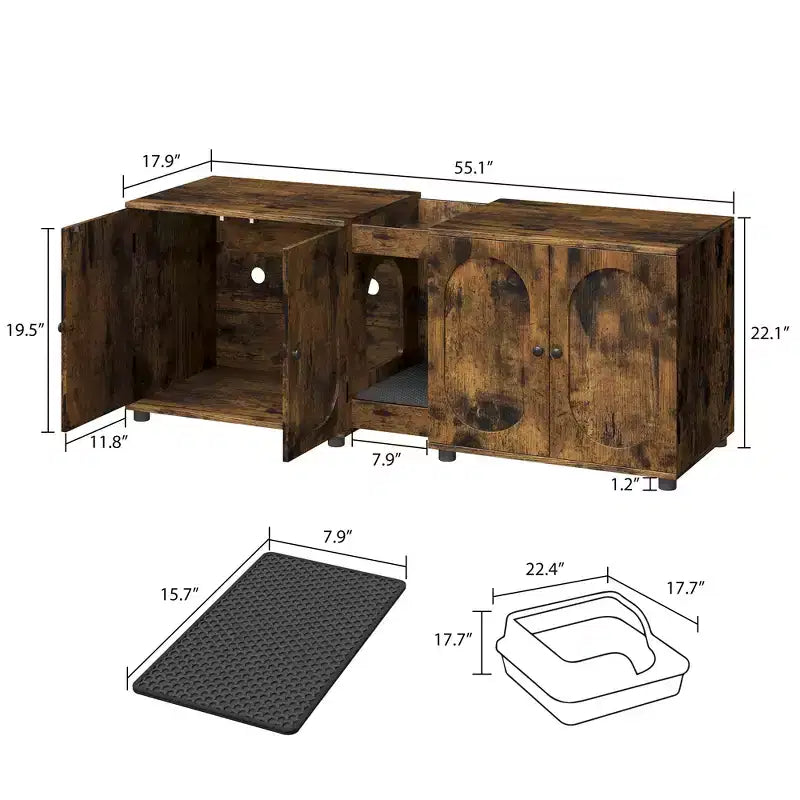 Double Cat Litter Box Enclosure, 55.1 Large Hidden Litter Box Furniture, Wooden Pet House Side Table with Scratching Pad for Living Room