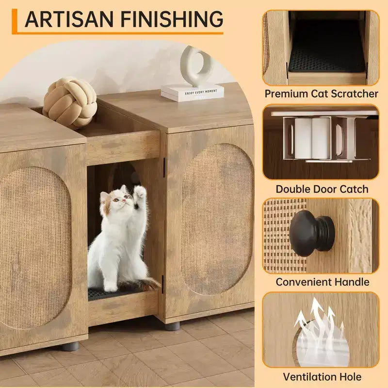 Double Cat Litter Box Enclosure, 55.1 Large Hidden Litter Box Furniture, Wooden Pet House Side Table with Scratching Pad for Living Room