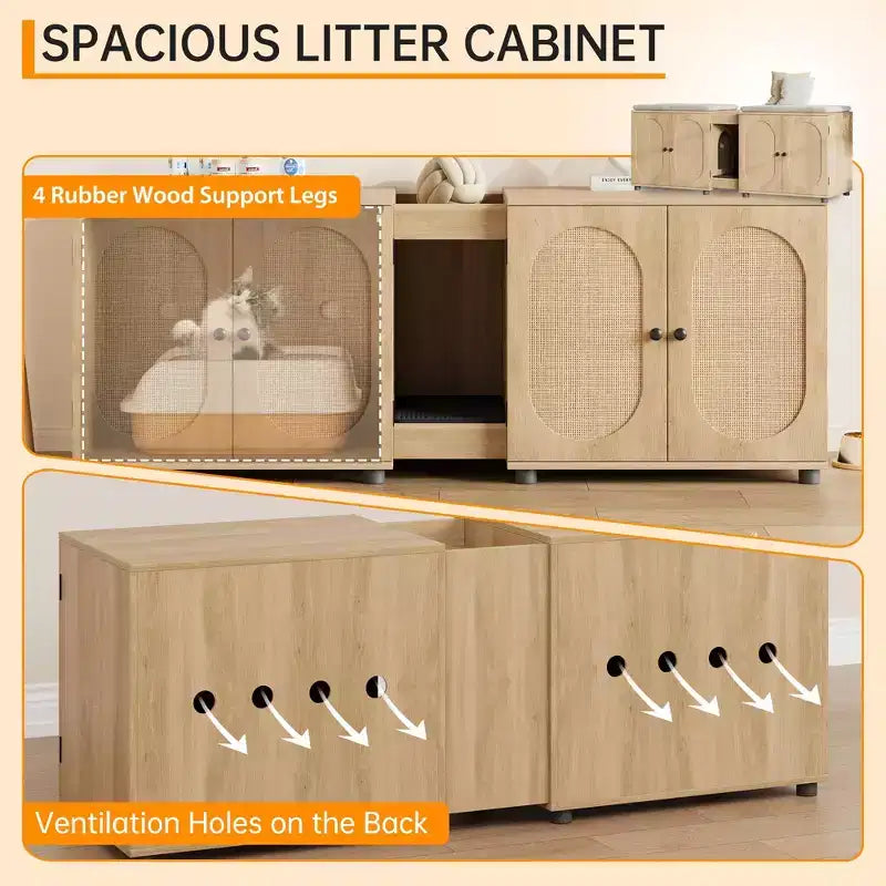 Double Cat Litter Box Enclosure, 55.1 Large Hidden Litter Box Furniture, Wooden Pet House Side Table with Scratching Pad for Living Room