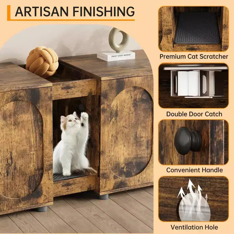 Double Cat Litter Box Enclosure, 55.1 Large Hidden Litter Box Furniture, Wooden Pet House Side Table with Scratching Pad for Living Room