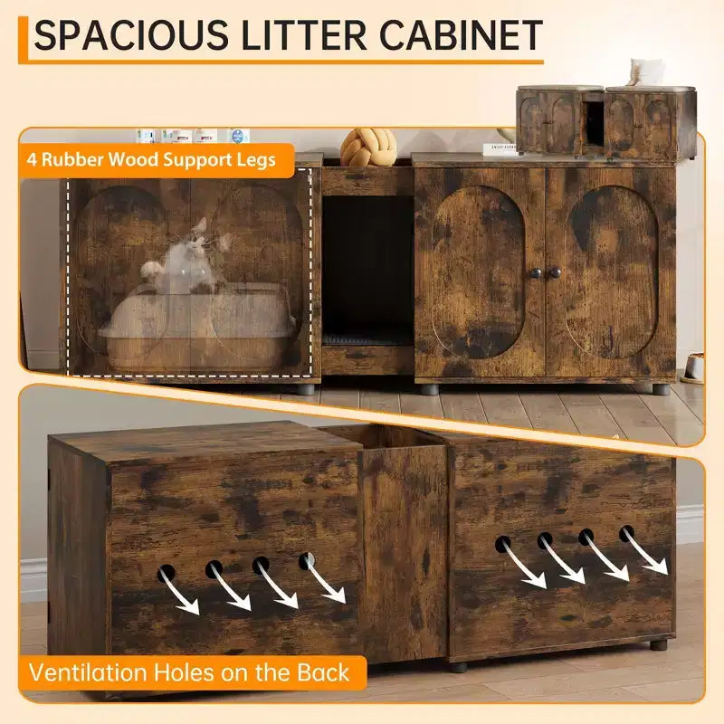 Double Cat Litter Box Enclosure, 55.1 Large Hidden Litter Box Furniture, Wooden Pet House Side Table with Scratching Pad for Living Room