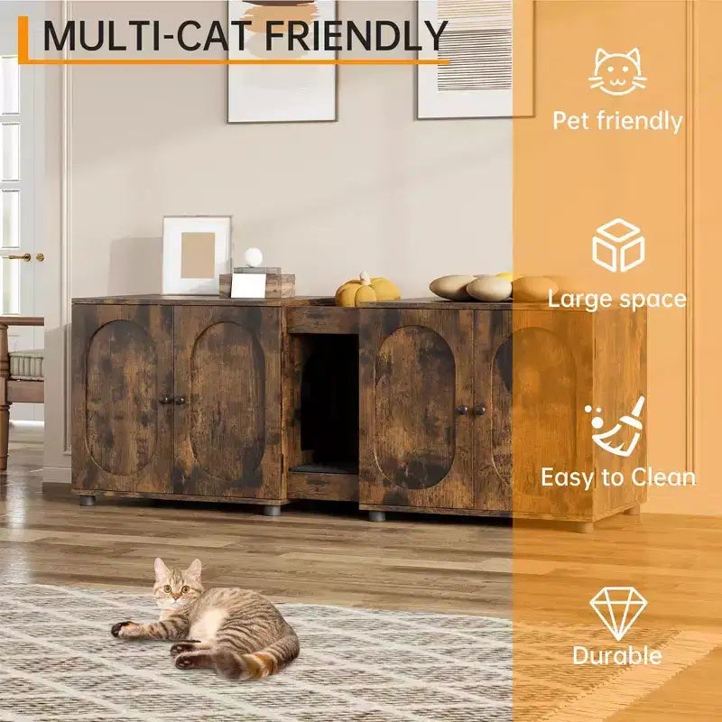 Double Cat Litter Box Enclosure, 55.1 Large Hidden Litter Box Furniture, Wooden Pet House Side Table with Scratching Pad for Living Room