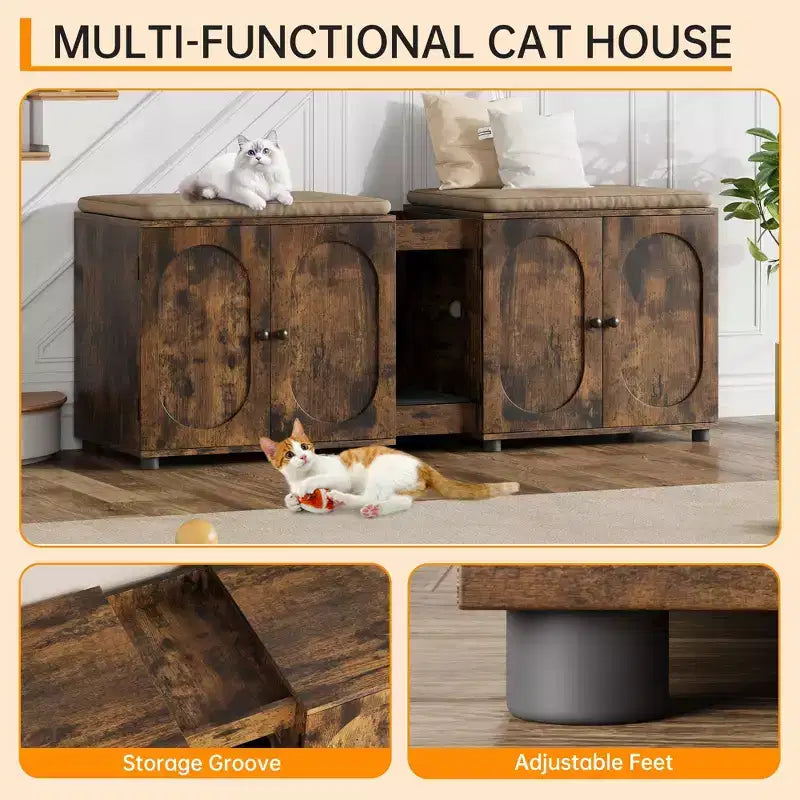 Double Cat Litter Box Enclosure, 55.1 Large Hidden Litter Box Furniture, Wooden Pet House Side Table with Scratching Pad for Living Room